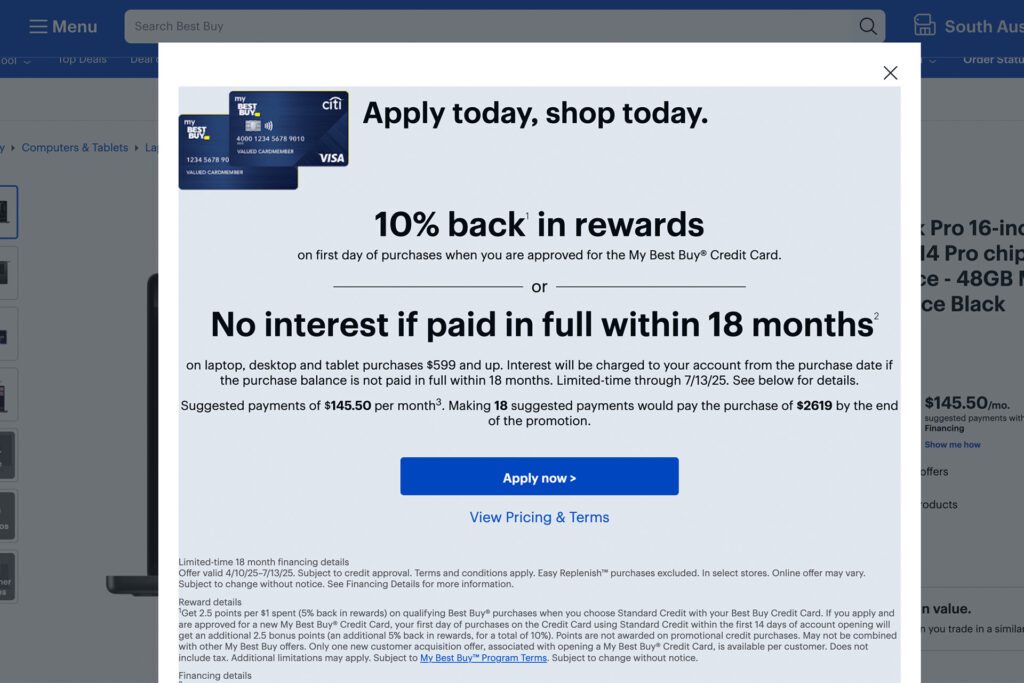 Best Buy financing pop-up offering 10% rewards and no-interest financing for 18 months on laptops, desktops, and tablets over $599 with the My Best Buy Credit Card.