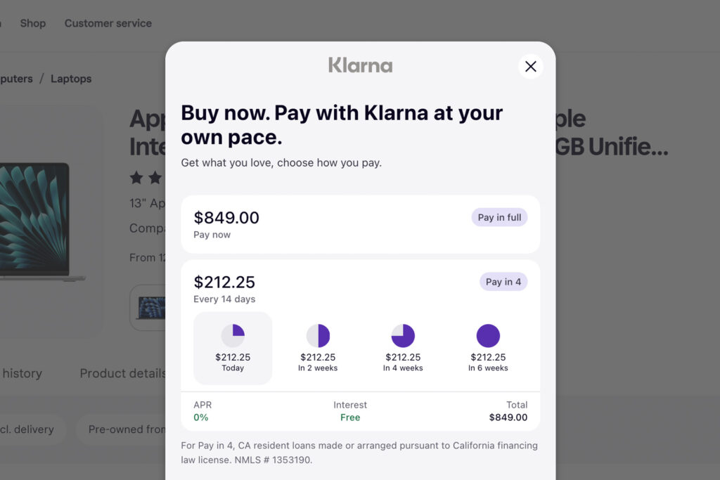 Screenshot of Klarna checkout showing ‘Pay in 4’ option for a $849 MacBook, breaking the cost into four bi-weekly interest-free payments of $212.25 each.