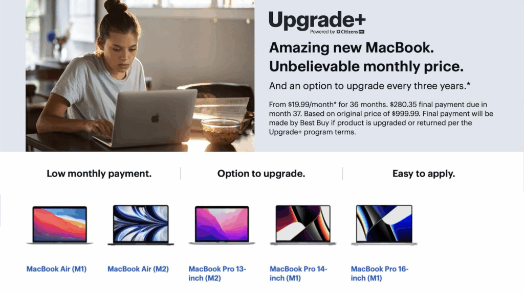 Screenshot of Best Buy’s discontinued Upgrade+ MacBook financing program, featuring a woman using a MacBook and promotional text highlighting low monthly payments, 36‑month plans, and upgrade options for MacBook Air and MacBook Pro models.