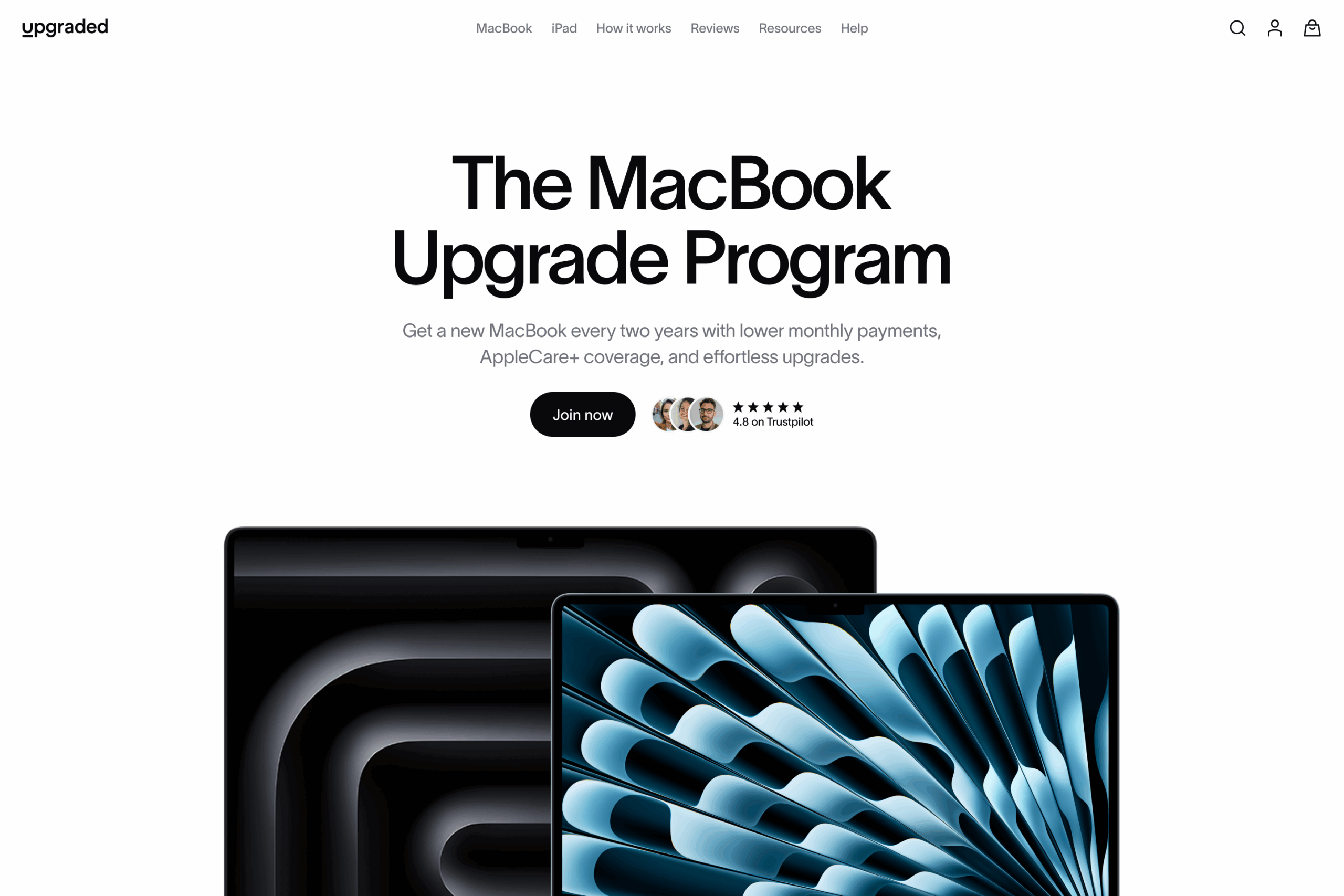 Screenshot of Upgraded’s MacBook Upgrade Program webpage, showing an offer to get a new MacBook every two years with low monthly payments, AppleCare+ coverage, and easy upgrades, with a Trustpilot rating of 5 stars.